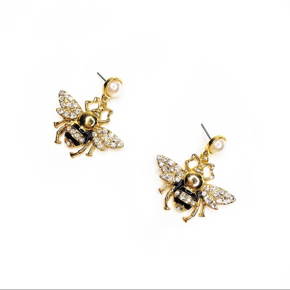 BLING BEE FAUX PEARL SPARKLY BUG DANGLE EARRINGS - Picture 7 of 8